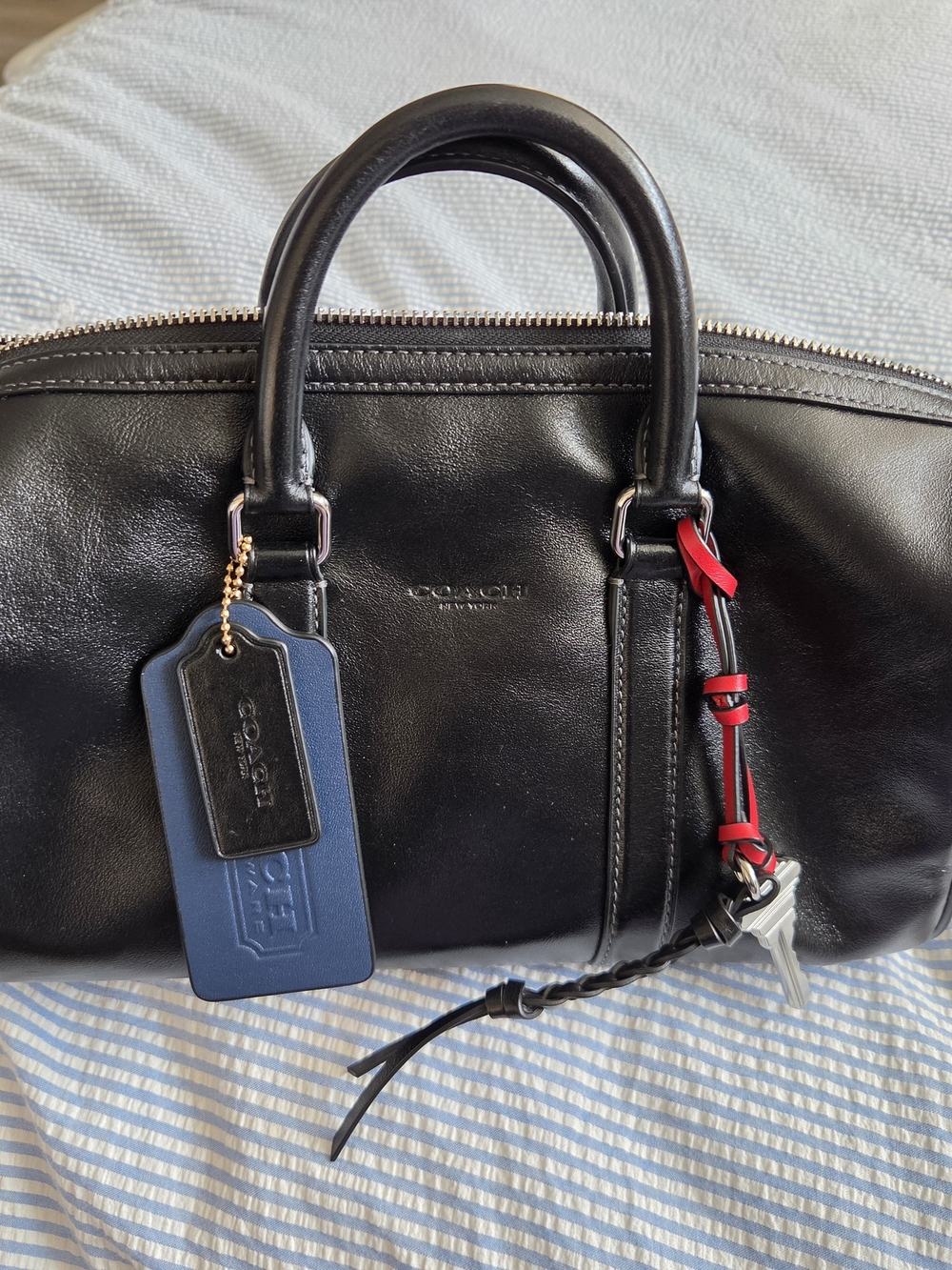 Coach venturer 27 Black Leather Satchel with Blue Tag and Red Accent Charms